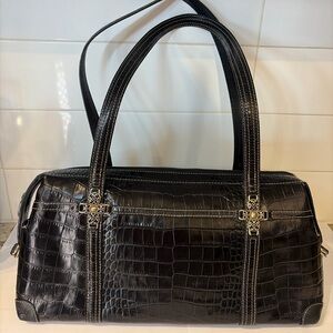 Brighton Croc Embossed Leather Satchel Shoulder Bag Black Barrel Purse